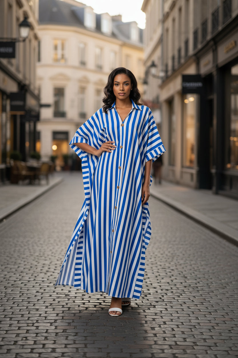 African-inspired striped loose long dress by Plush Fashion Hub in five colors, featuring a relaxed fit and vibrant pattern.
