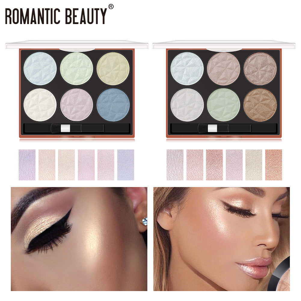 Romantic Beauty six-shade highlighter palettes featuring geometric pressed powders with swatches and application models.