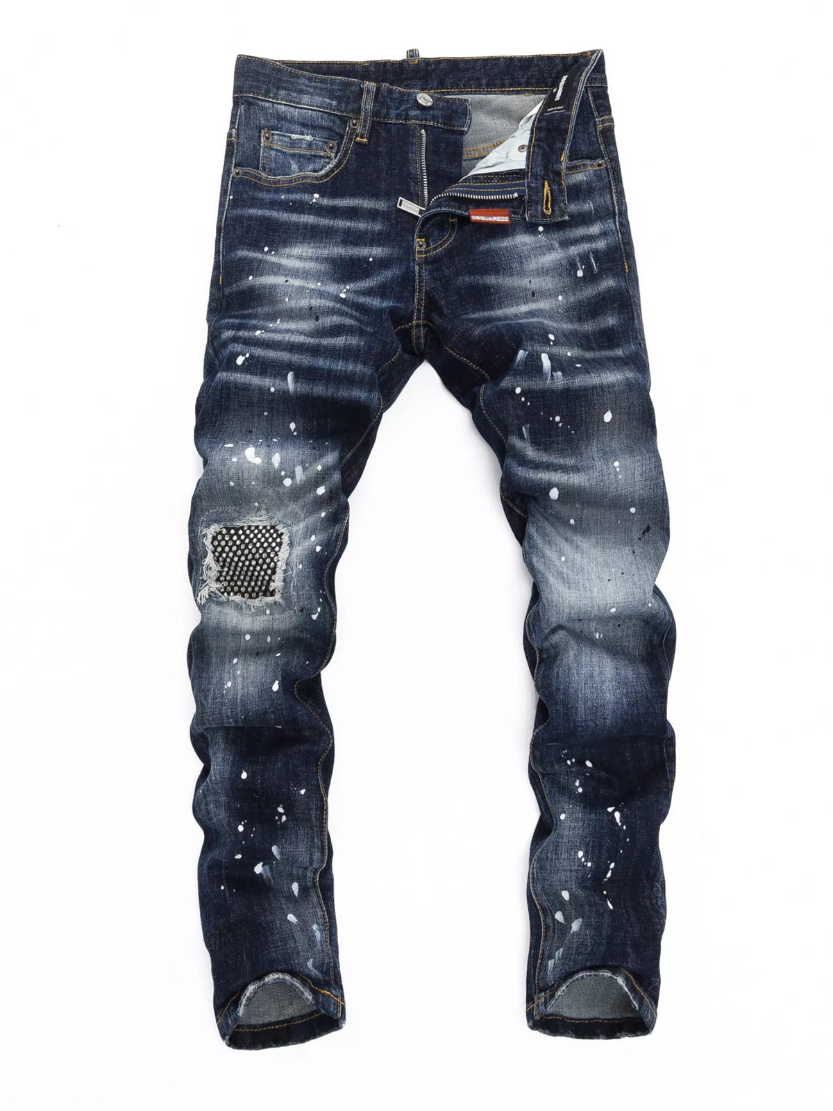 Men's distressed slim fit jeans by Plush Fashion Hub, showing a close-up of the distressed denim fabric and slim silhouette.