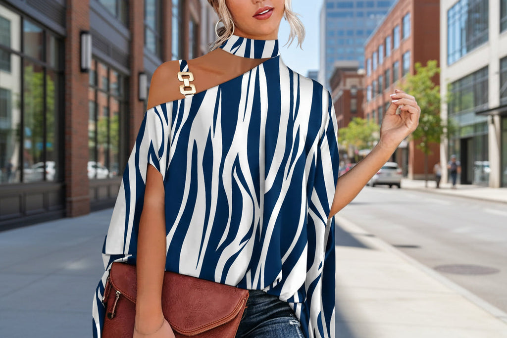 Women's V-neck printed off-shoulder vest top in various prints, casualwear by Plush Fashion Hub, shown in size S to XXL.