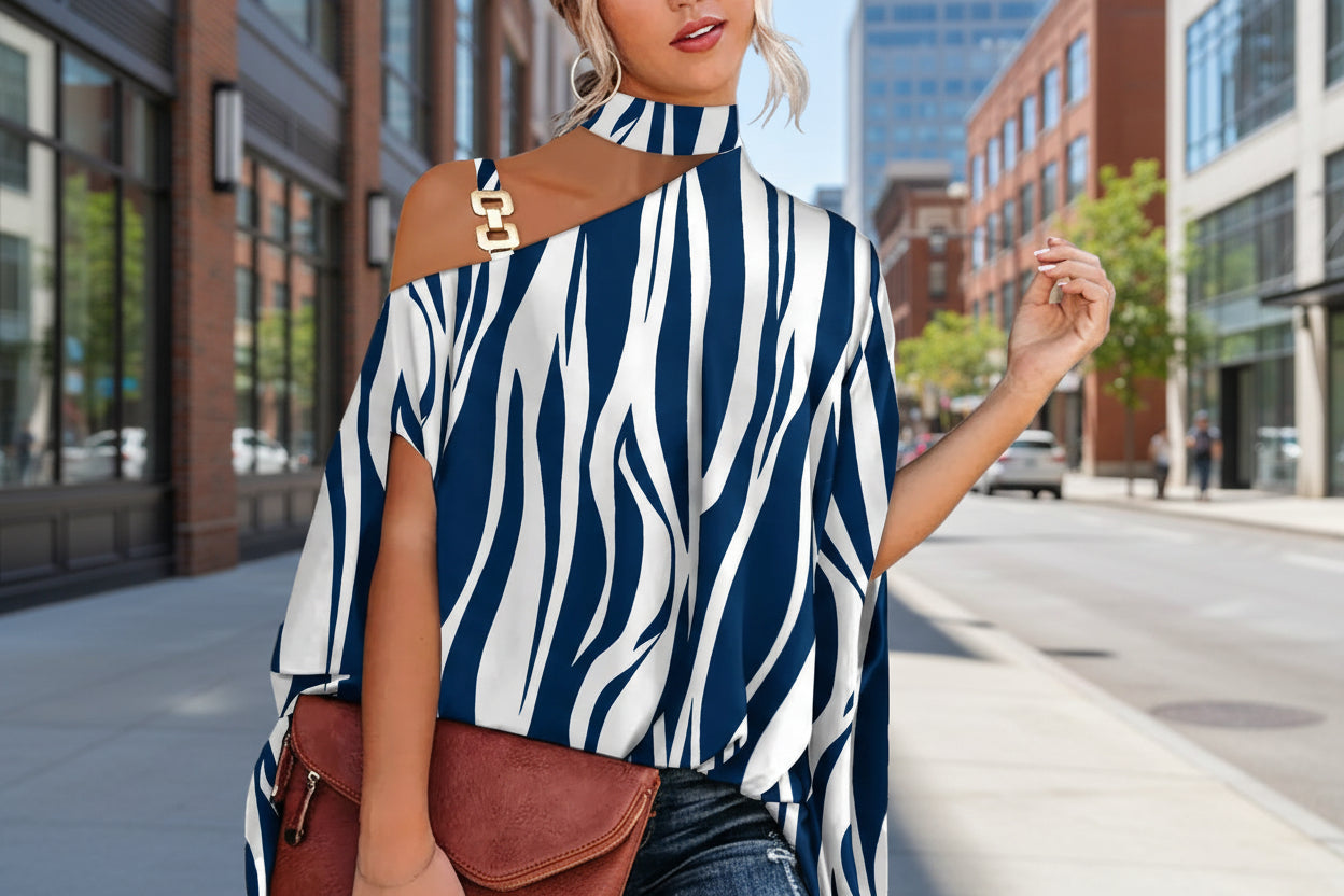Women's V-neck printed off-shoulder vest top in various prints, casualwear by Plush Fashion Hub, shown in size S to XXL.