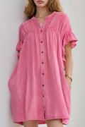 VYSN ruffled short sleeve denim mini dress with button details, stylish casual fashion perfect for warm weather.