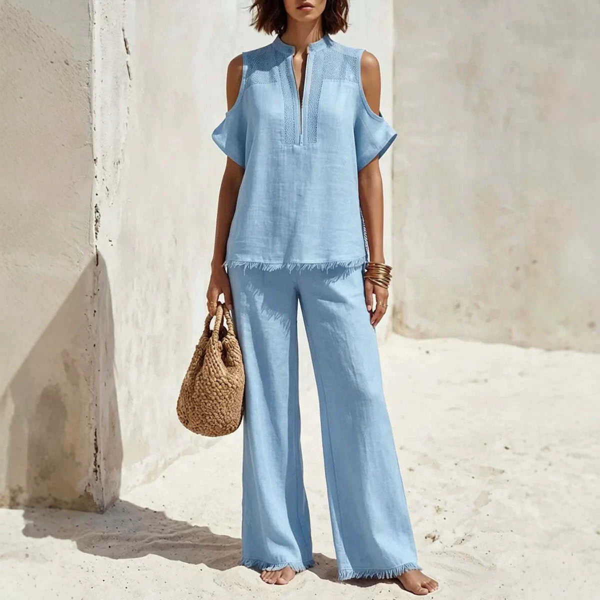 Women's off-shoulder linen blend pantsuit set with short sleeves, featuring a stylish two-piece design from Plush Fashion Hub.