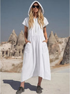 Plus size hooded midi dress with zipper and pockets by Shopimist, featuring a full-size design and casual, comfortable style.