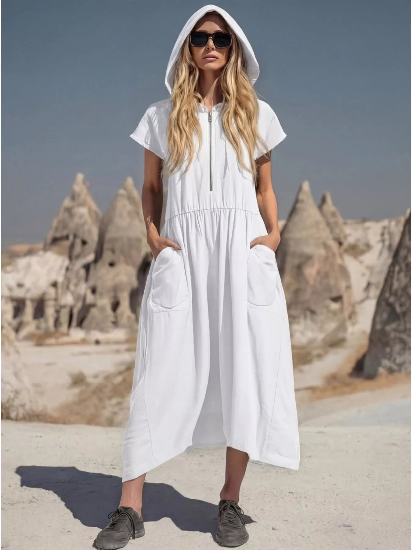Plus size full zip hooded midi dress with pockets by Plush Fashion Hub, featuring a comfortable fit and casual style.