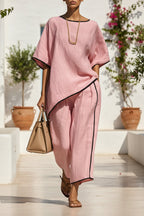 Women's casual resort loose short-sleeve top and pants set by Plush Fashion Hub, featuring comfortable relaxed-fit fabric and stylish design.