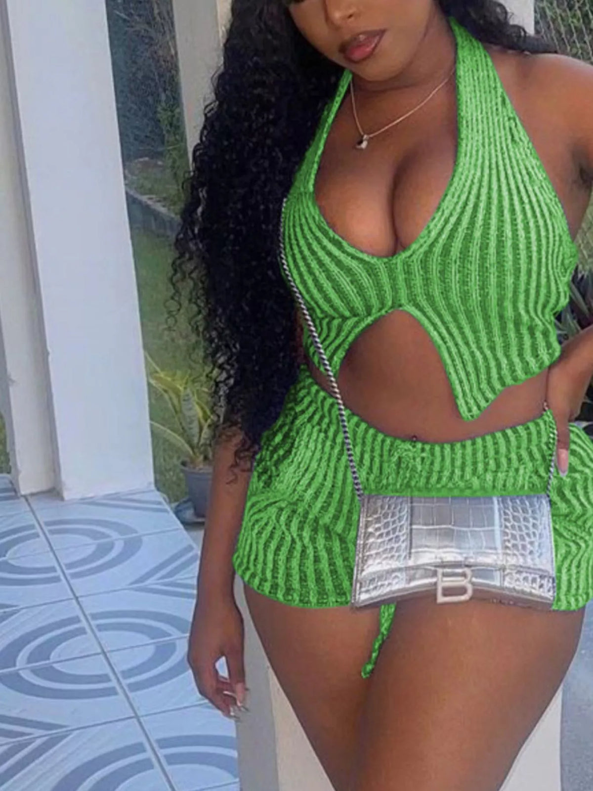 Plush Fashion Hub halter neck sweater top and matching shorts two-piece set, casual stylish outfit for women.