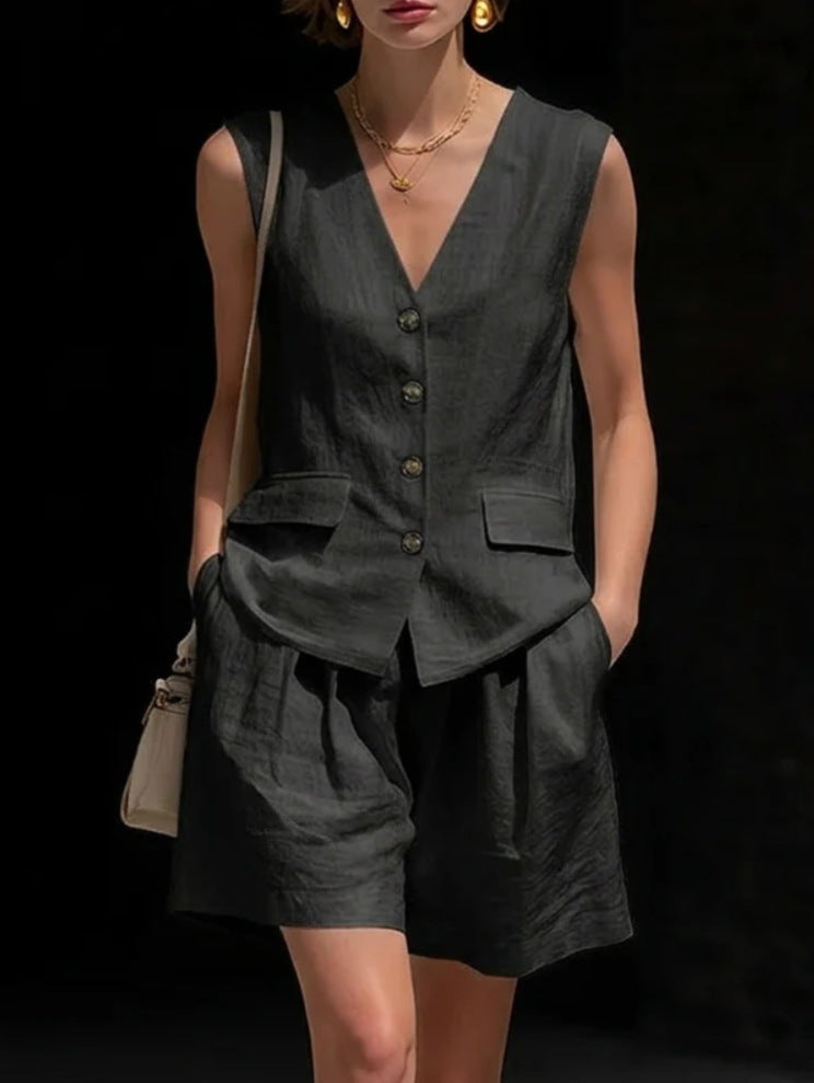 Women’s cotton linen sleeveless vest top and shorts set by FitiqueFit, casualwear perfect for warm weather.