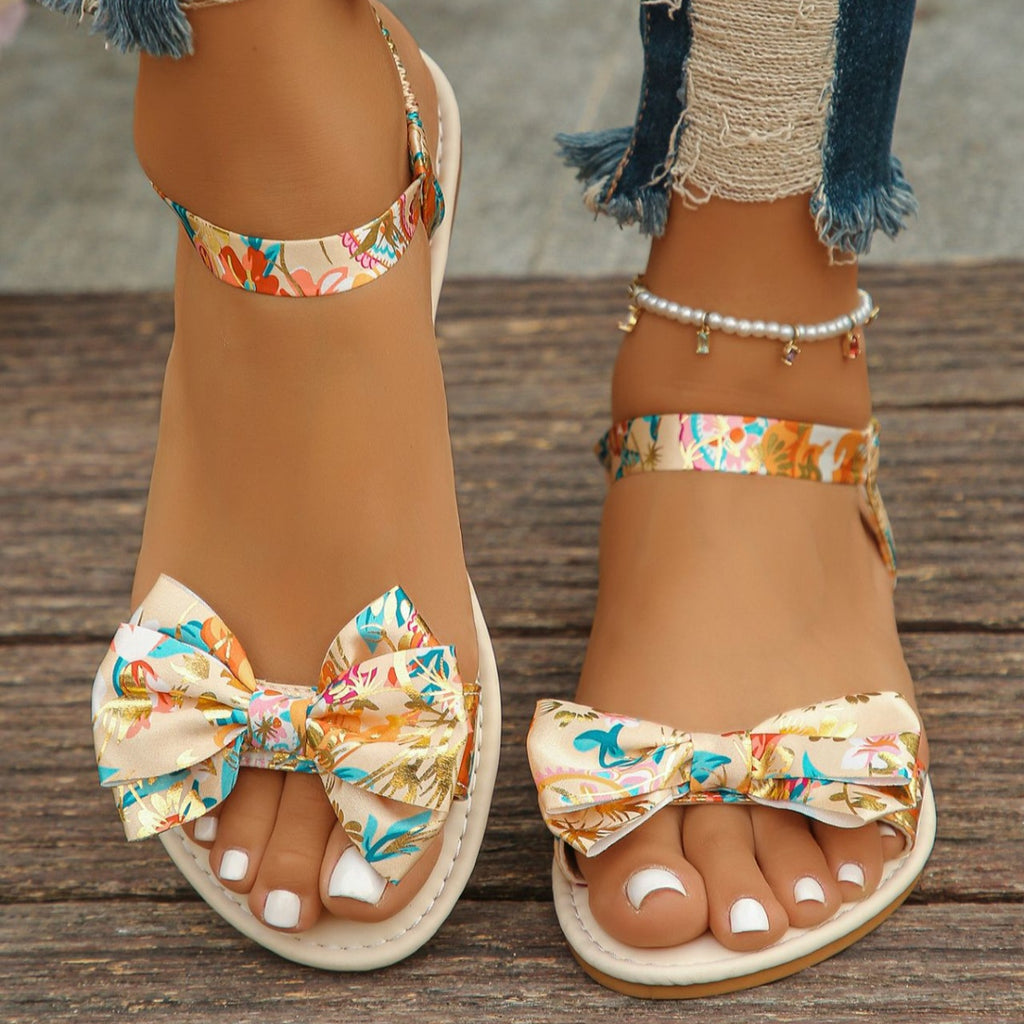 Trendsi floral bowknot ankle strap flat sandals for women, summer shoes with comfortable design and stylish floral accents.