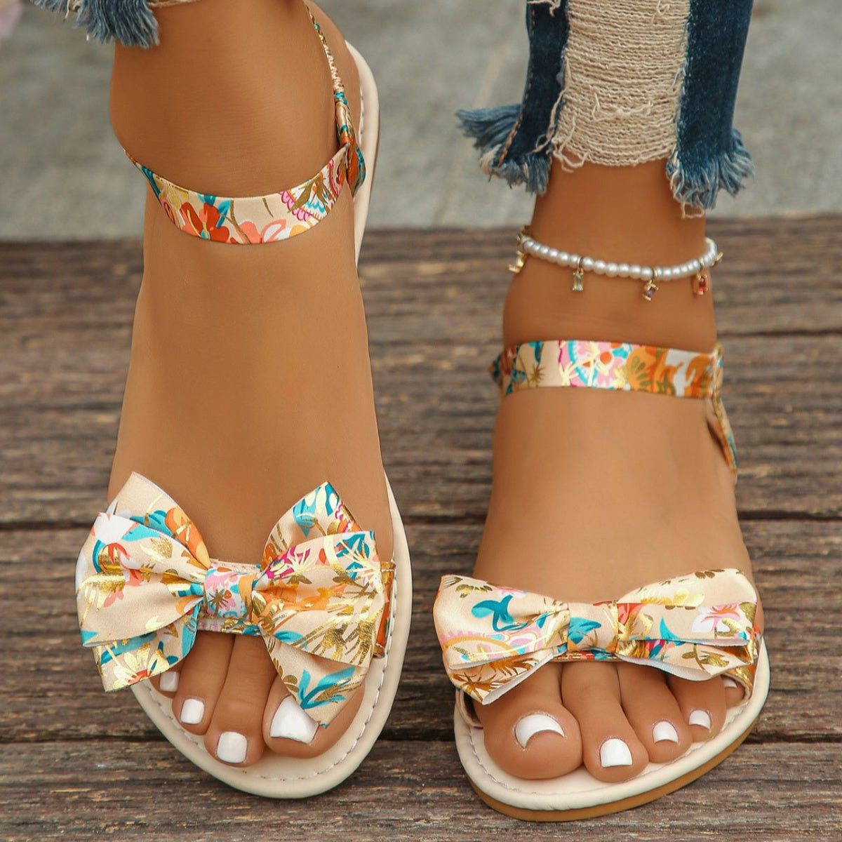 Trendsi floral bowknot ankle strap flat sandals for women, summer shoes with comfortable design and stylish floral accents.