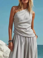 Plus size one-shoulder top and wide-leg pants set by Plush Fashion Hub, stylish piece pants set for a fashionable look.