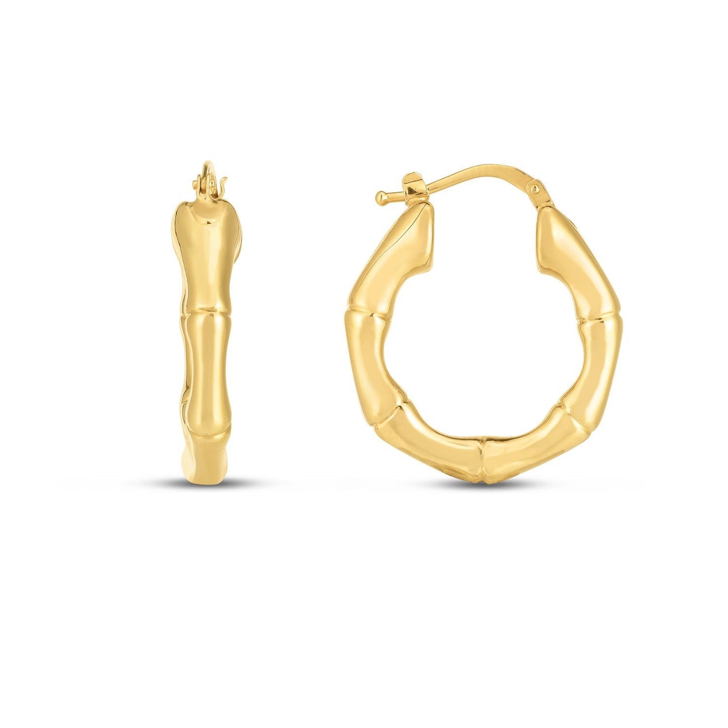 14k yellow gold medium bamboo hoop earrings with a smooth, polished finish, showcasing a stylish and elegant jewelry accessory.