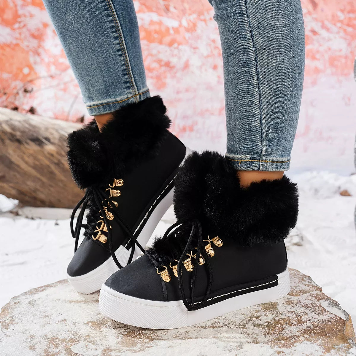 Fuzzy trim lace-up ankle boots by Simply Love featuring soft material and stylish design, perfect for casual wear.