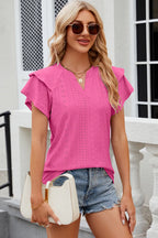 Eyelet notched flutter sleeve T-shirt from Trendsi, featuring stylish flutter sleeves and eyelet details in a casual top design.