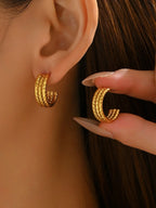 18K gold-plated textured triple band hoop earrings with a shiny finish, stylish and lightweight jewelry by Shopimist