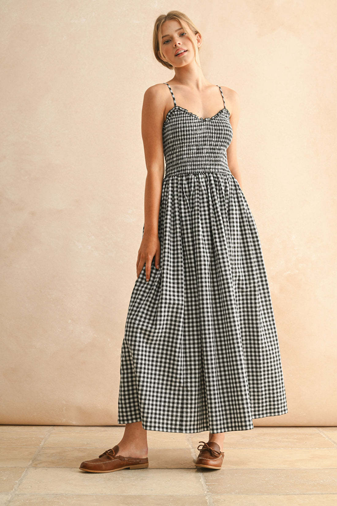 Women's retro plaid sleeveless A-line maxi dress with fitted waist, pleated sundress in casualwear style by FitiqueFit.