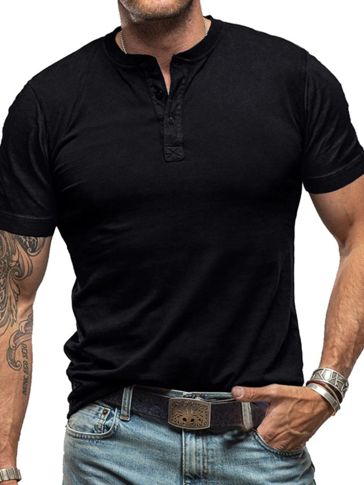 Men's classic Henley short sleeve polo shirt by Trendsi, featuring a timeless design and comfortable fit, shown in a neutral color.