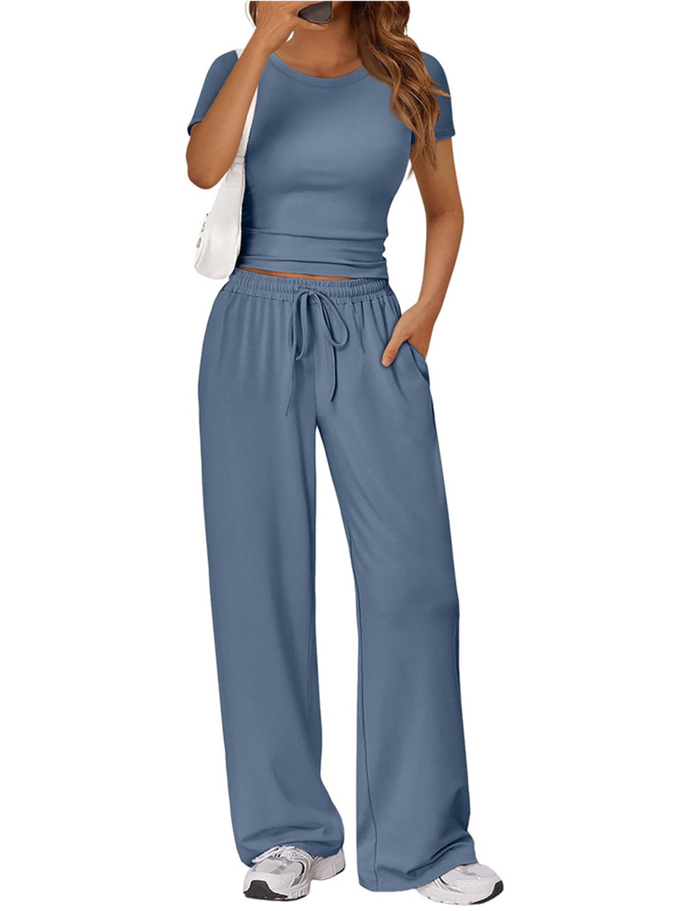 Women's round neck short sleeve T-shirt and drawstring lounge set by Trendsi, comfortable 2-piece casual outfit.
