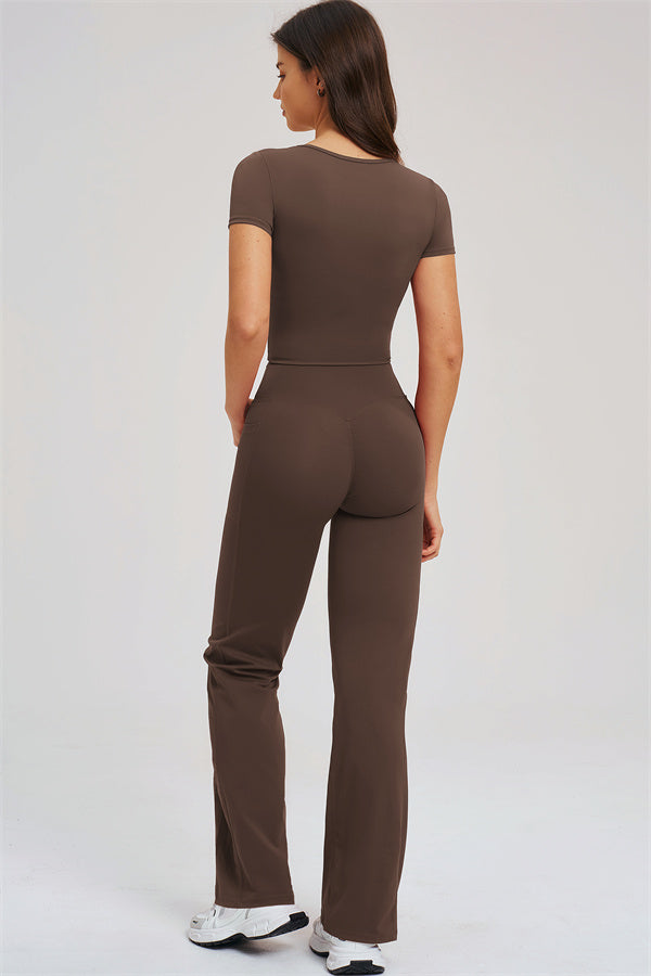 Fitglutes Activewear flared leggings and T-shirt set, stylish gymwear with comfortable fit for workout or casual wear.