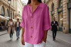 Women's casual FitiqueFit V-neck buttoned blouse, featuring a relaxed fit and classic button details on soft fabric.