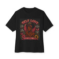 Black boxy T-shirt with "Love Yourself First" graphic from Printify, featuring a casual, comfortable fit and positive message.