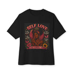 Black boxy T-shirt with "Love Yourself First" graphic from Printify, featuring a casual, comfortable fit and positive message.