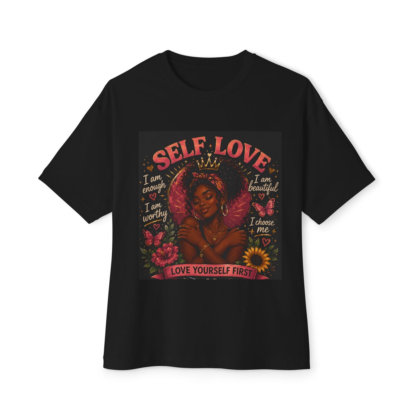Pink plush fashion hub graphic boxy T-shirt with "Love Yourself First" slogan, casual fit, and soft cotton fabric.