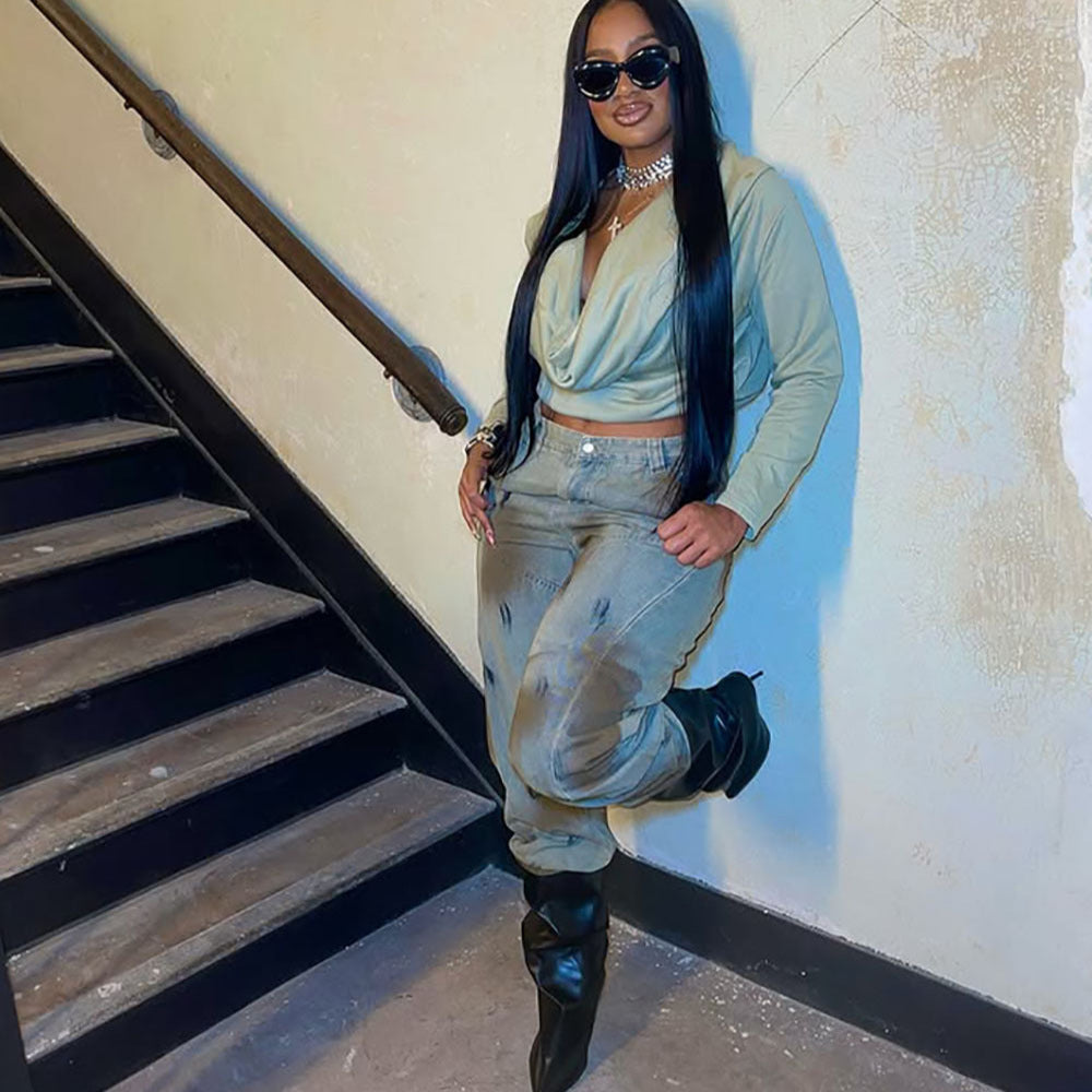 Vintage Distressed Denim Pants for Women, Washed Painted Dirty Look Long Jeans, Autumn Winter New Style