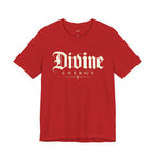 Black Wear Your Worship Divine Energy T-Shirt with gothic script faith graphic on front, casual and stylish Christian apparel.