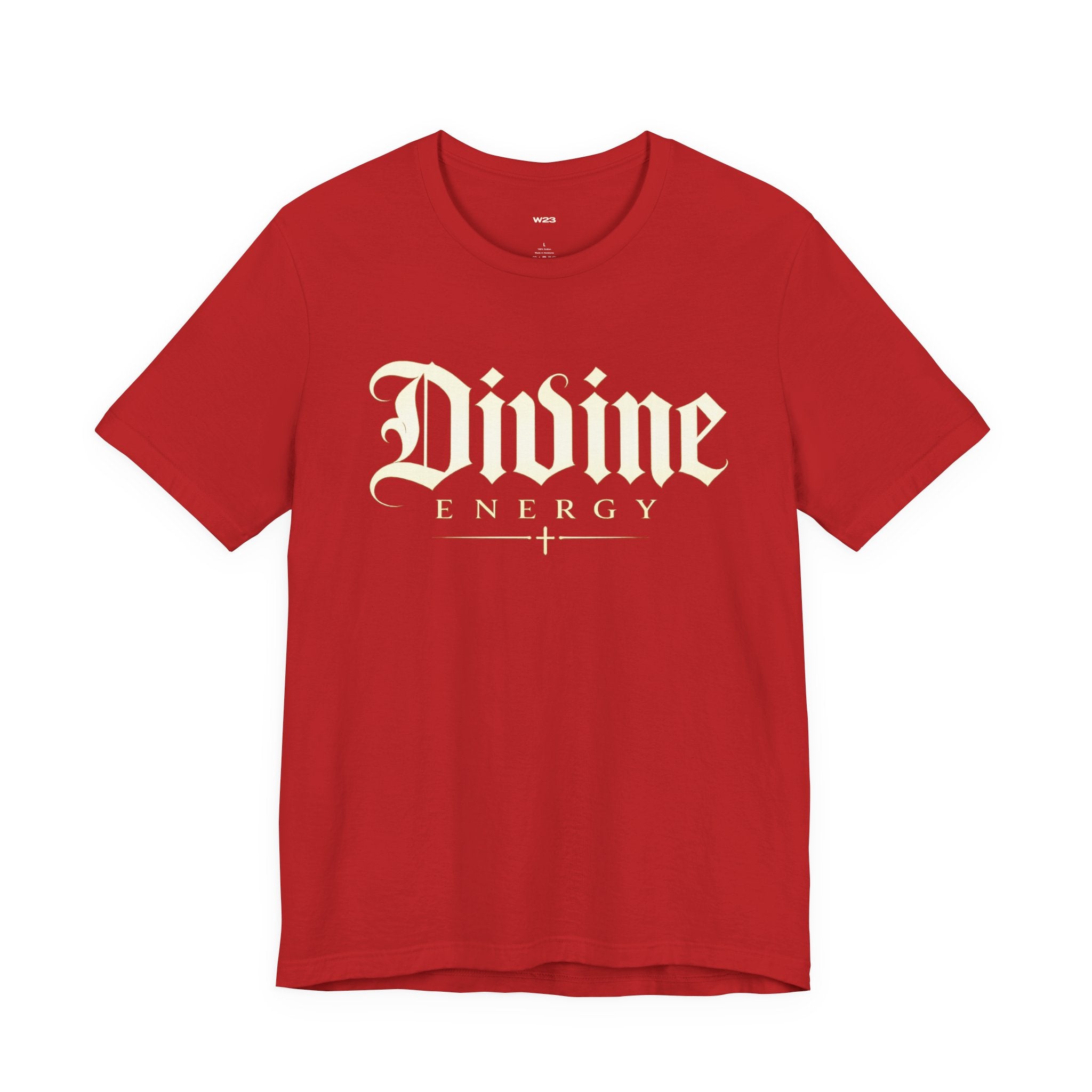 Black Wear Your Worship Divine Energy T-Shirt with gothic script faith graphic on front, casual and stylish Christian apparel.