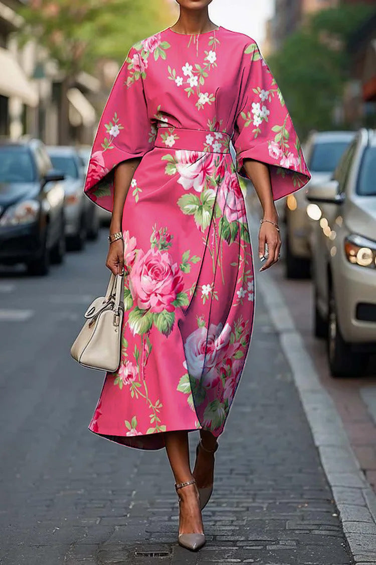 Plush Fashion Hub geometric print batwing sleeve maxi dress in flowy fabric, casualwear style, available in XS to XXXL sizes.