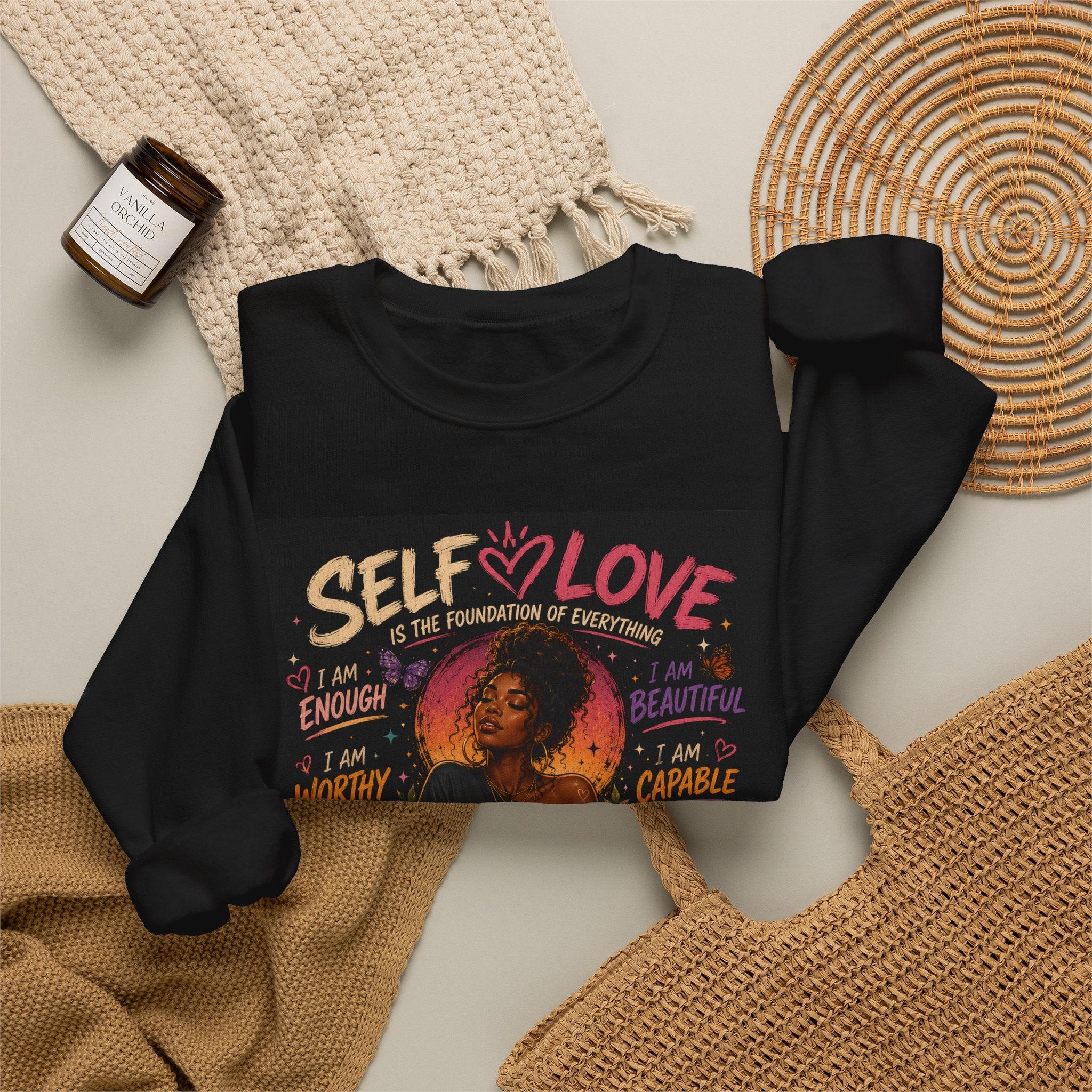 Self Love crewneck sweatshirt with empowering graphic design, comfortable pullover made by Printify for positive vibes.