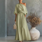 Elegant Fitted Asymmetrical Shoulder Top and Pants Two-Piece Set