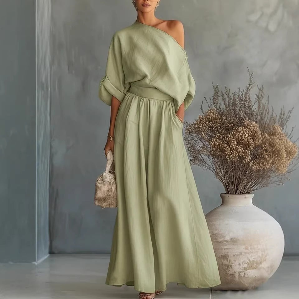 Elegant Fitted Asymmetrical Shoulder Top and Pants Two-Piece Set