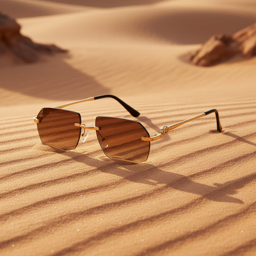 Gold frame cheetah rimless sunglasses with hip-hop style design, featuring bold eyewear from Plush Fashion Hub.