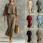 Casualwear set by FitiqueFit featuring a high waist long skirt and a 3/4 sleeve loose top in a relaxed fit.