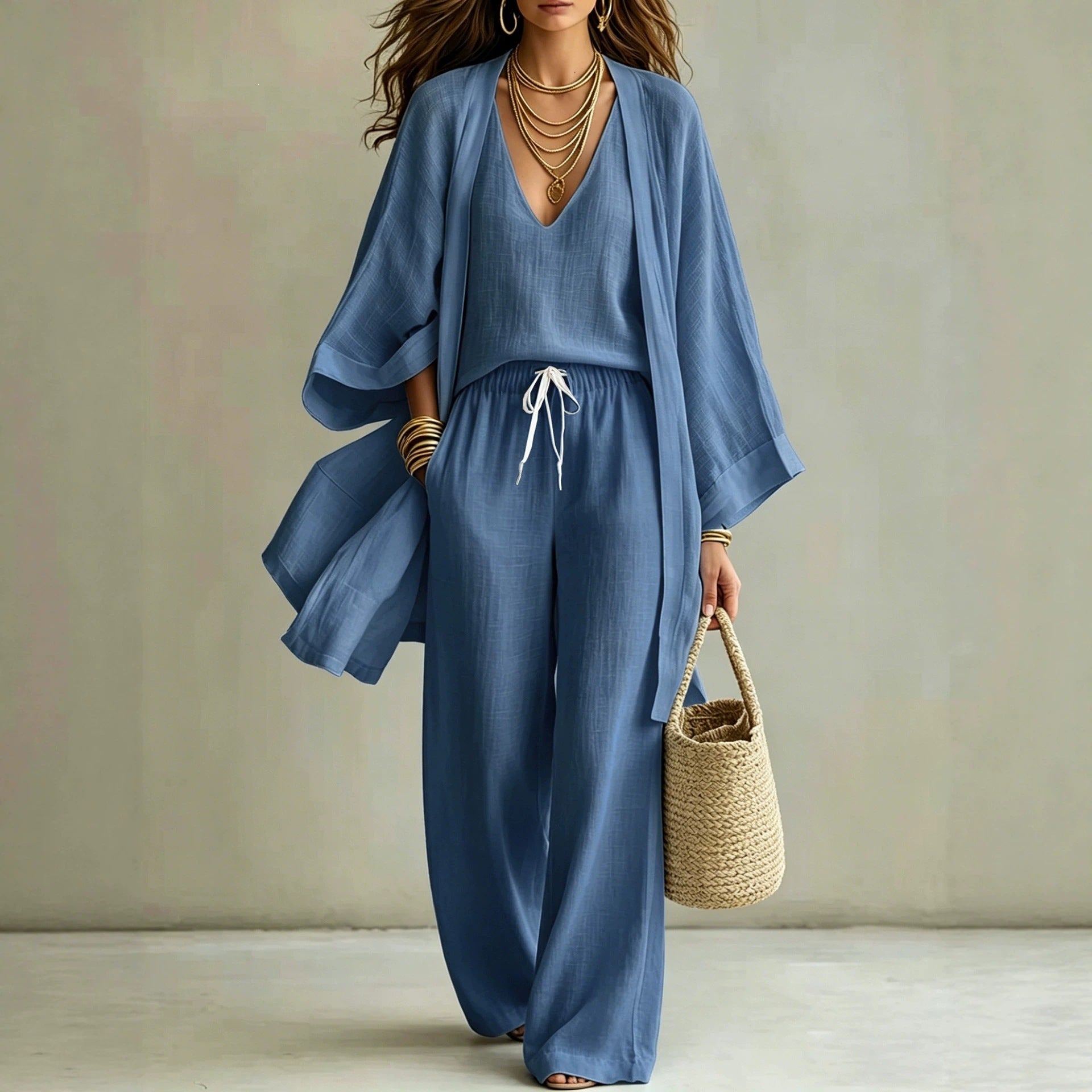 Women's 3-piece cardigan, sleeveless vest, and wide-leg pants matching set by FitiqueFit, styled together on a model.