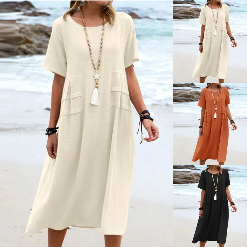 Women's casual cotton linen short-sleeve midi dress by Plush Fashion Hub, shown in a relaxed, stylish fit with a flowy design.