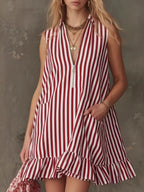 Striped zipper neck ruffle hem dress by Shopimist, featuring bold vertical stripes, a zipper neckline, and flowy ruffle hem detail.
