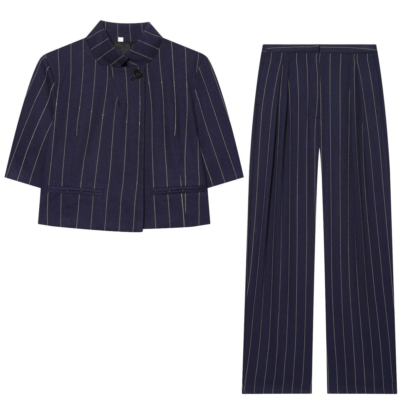 Linen striped jacket and pants set by Plush Fashion Hub, featuring a stylish, lightweight casual outfit with blue and white stripes.