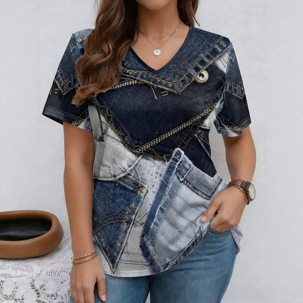 V-neck denim print short sleeve casual T-shirt from FitiqueFit, featuring a loose fit and casual denim-inspired design.