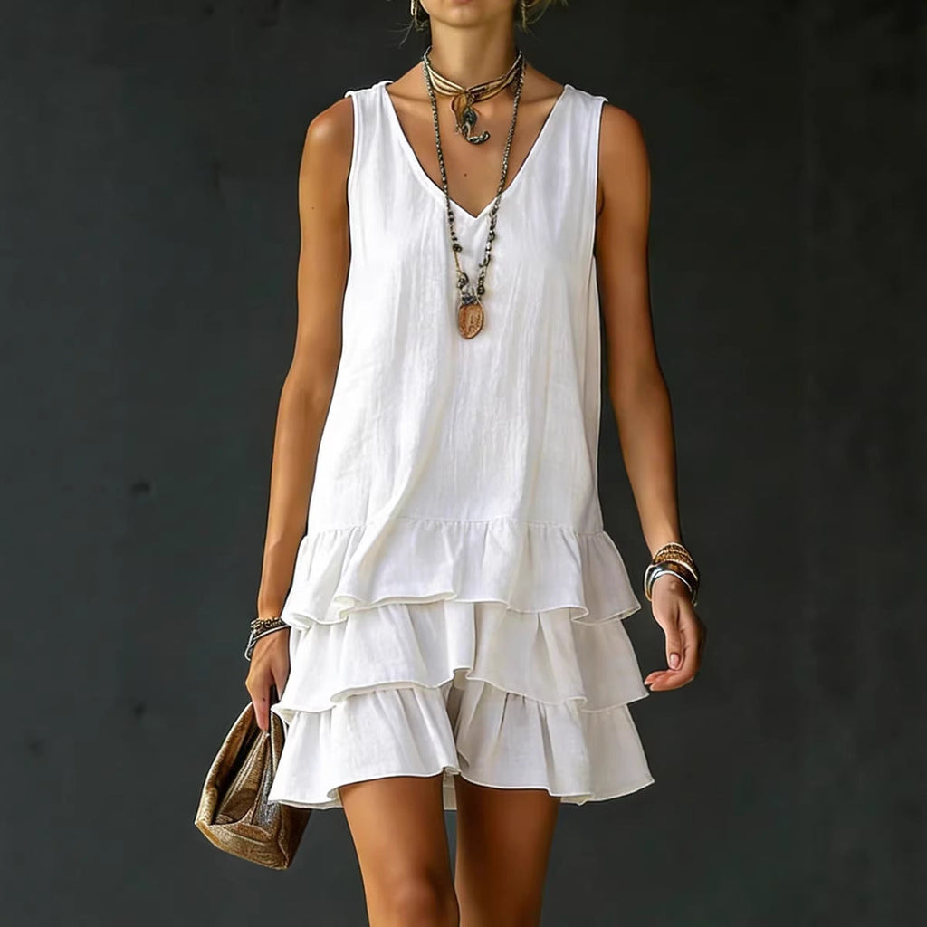 V-neck sleeveless midi dress by FitiqueFit in five colors, casualwear, shown in a relaxed fit on a model.