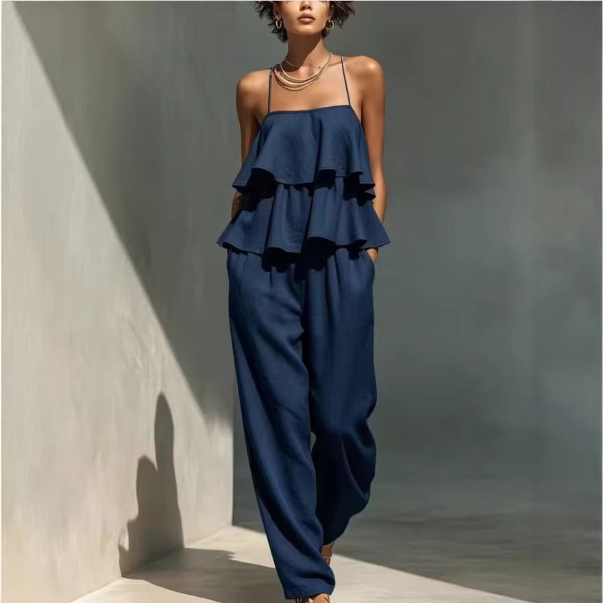 Women's sleeveless camisole top and casual pants set by FitiqueFit, featuring comfortable fabric and relaxed fit for everyday wear.