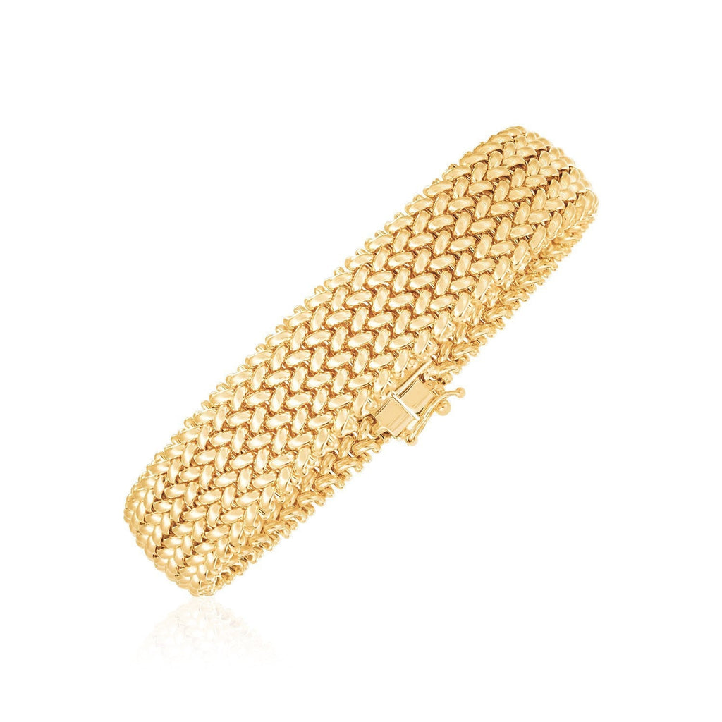 14k yellow gold high polish thick braided bracelet with a 14.5mm width, featuring a durable, stylish design.