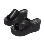 Women's open toe platform wedge sandals by Trendsi, featuring faux leather high heels and comfortable design.