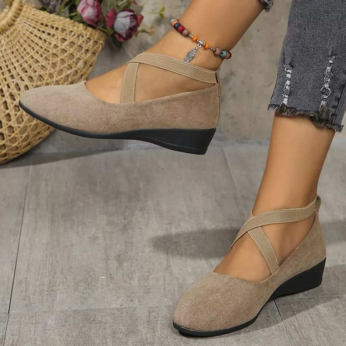 Round toe wedge loafers from Trendsi, stylish footwear with a classic design and comfortable wedge heel, shown in a natural pose.