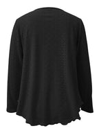 Elegant women's eyelet long sleeve blouse by Plush Fashion Hub, featuring stretchy fabric and versatile office-ready style.