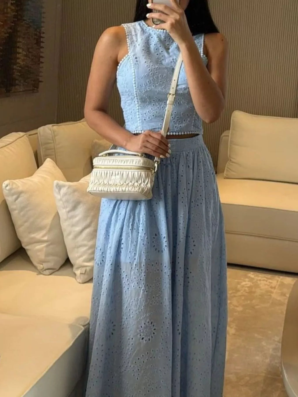 Trendsi eyelet crop top and matching maxi skirt set, stylish tops with eyelet details, perfect for a trendy summer look.