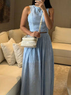 Trendsi eyelet crop top and matching maxi skirt set, stylish tops with eyelet details, perfect for a trendy summer look.