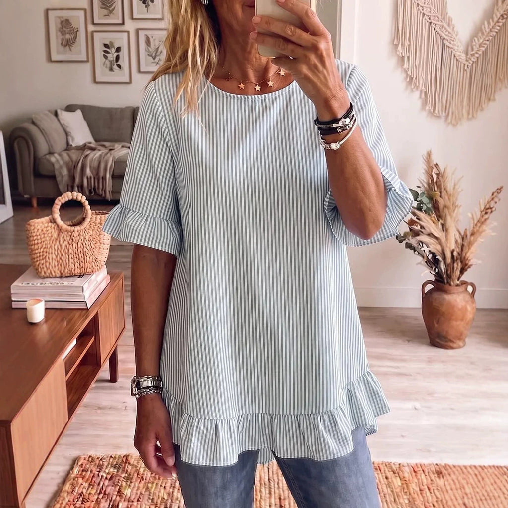 Women's striped ruffle-sleeve loose-fit blouse with three-quarter sleeves, casualwear by FitiqueFit, shown on a model.